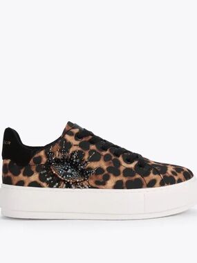 Kurt Geiger Laney Eye leopard print fabric lace up sneakers with beaded eye